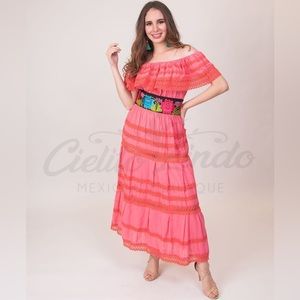 Adalia Mexican Maxi Solid Lace Coral Dress